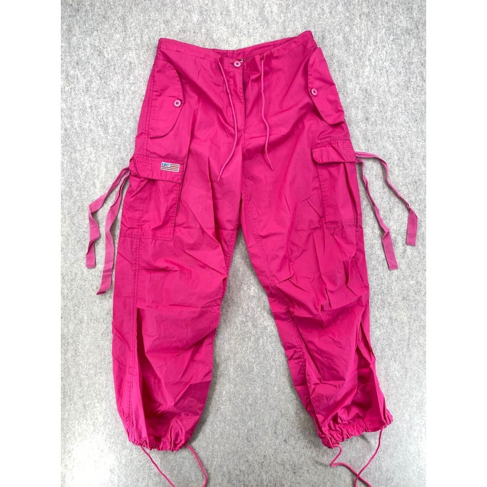 UFO Pink Cargo Pants Adjustable Waist Drawstring Leg Utility Trousers Y2K Style